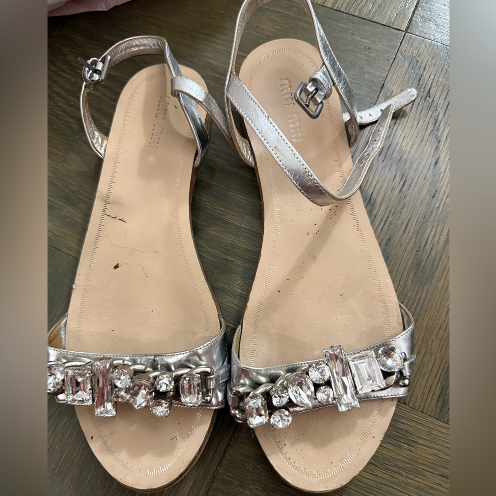 Miu Miu Metallic Silver Strappy Sandals - Picture 1 of 4